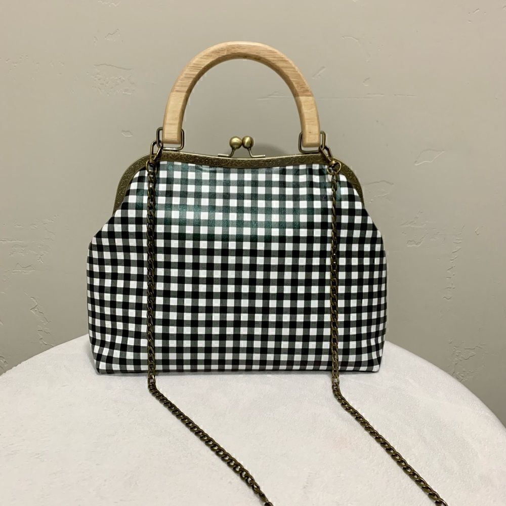 Handmade Genuine Leather Black & White Check Printed Wood Handle Satchel Bag